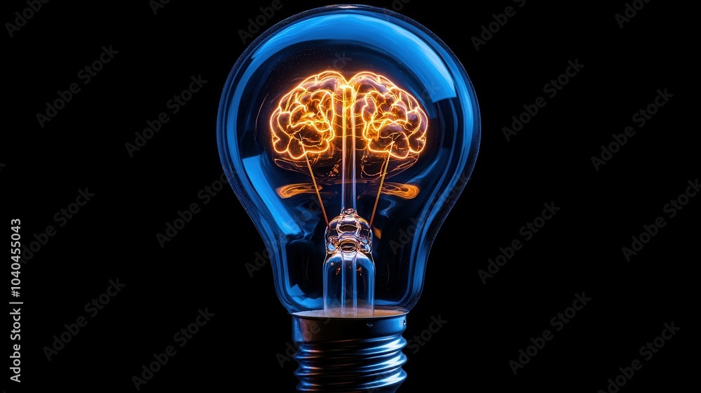 Poster a light bulb with a brain inside of it. the bulb is lit up and the brain is glowing