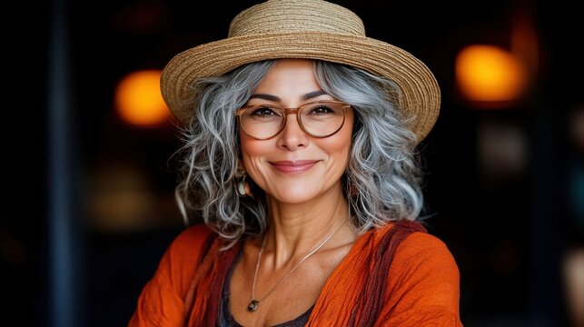 A woman wearing a straw hat and glasses is smiling. She is wearing a red sweater and a necklace