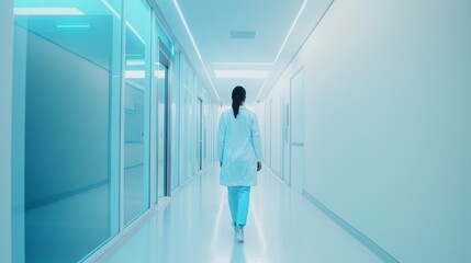 A healthcare professional walks confidently down a modern hospital corridor, illuminated by soft, calming blue lights.