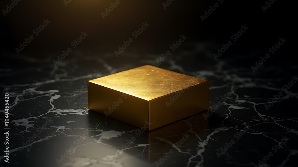 Poster a golden square sits on black marble against a dark background with beautiful reflections of light e