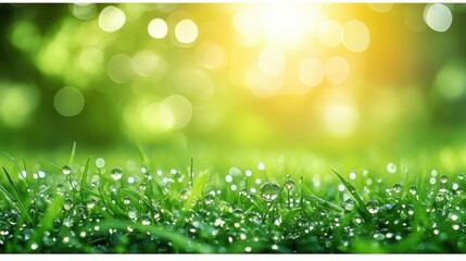 Fototapeta premium A field of grass with raindrops on it. The grass is green and the raindrops are small and scattered
