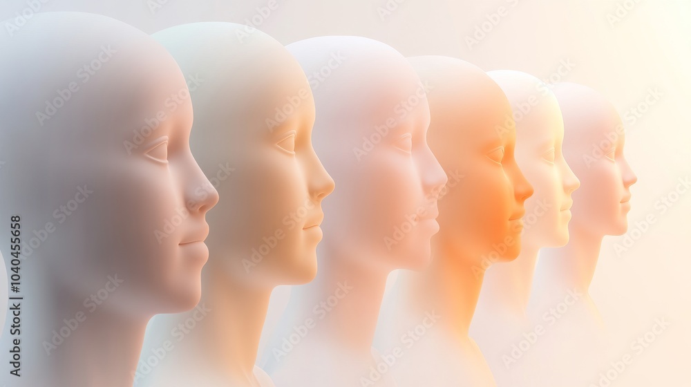 Poster a line of abstract mannequins showcasing diverse features and expressions, ideal for themes of ident
