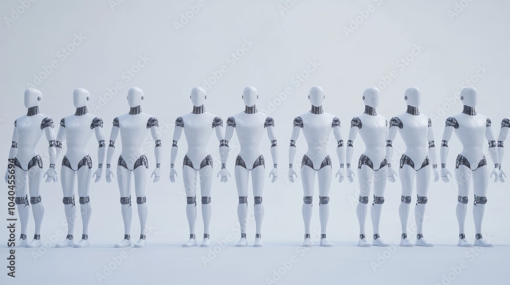 Poster a lineup of humanoid robots showcasing futuristic technology and design in a minimalistic environmen