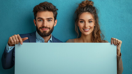 Business couple pointing at an empty white board for copy space on a grey background, a panoramic banner with a copyspace area. Text space.