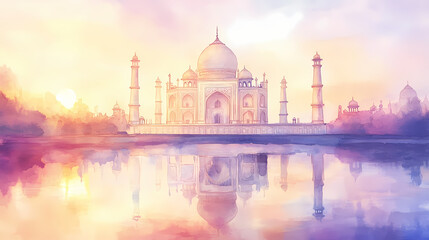 Watercolor impressionist taj mahal at sunrise with tranquil reflections. Taj Mahal at Sunrise. Illustration