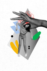 Vertical creative art collage of unhappy girl marionette hang puppeteer control domination isolated...