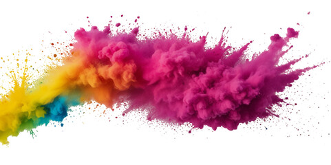Vector colorful vibrant rainbow, smoke and cloud paint color powder explosion with bright colors isolated  on transparent background. Multicolored explosion of rainbow powder paint festival background