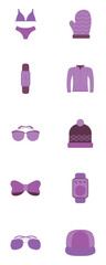 Vector icon set of purple clothes and accessories on a white background