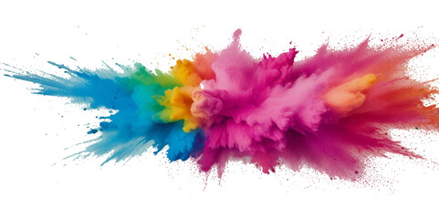 Multicolored rainbow explosion of cloud powder paint decoration isolated on transparent background. Vector abstract colorful rainbow paint festival background