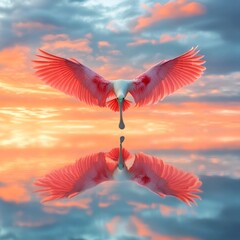 A stunning bird with vibrant pink wings soars gracefully over a peaceful water surface. The reflection adds depth to this breathtaking scene. A perfect nature shot. AI