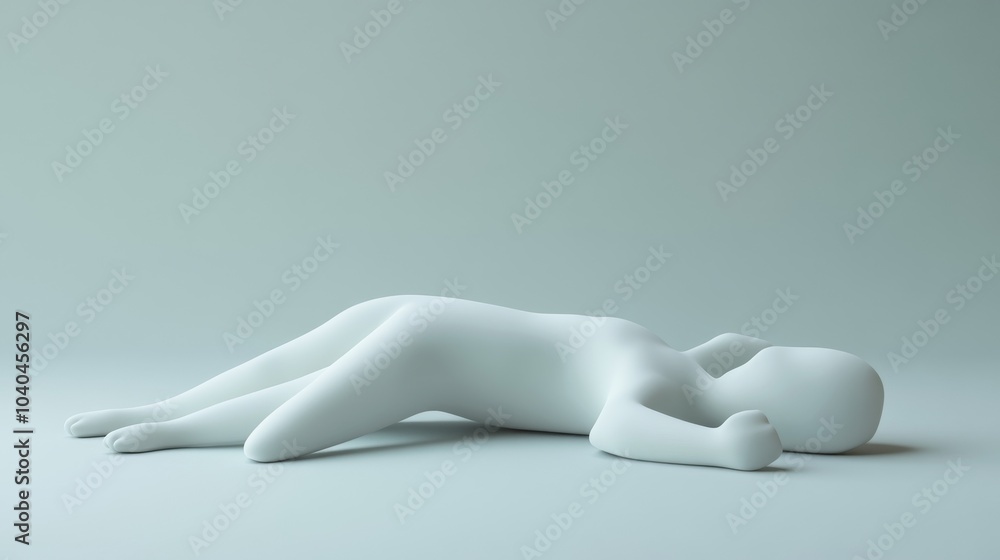 Poster a minimalistic figure lying on a smooth surface, embodying tranquility and stillness, perfect for ar