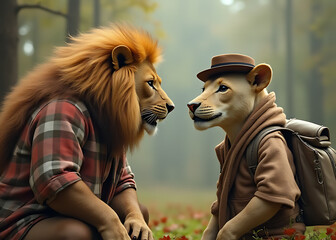 A lion dressed as a man talks to animals wearing funny outfits.