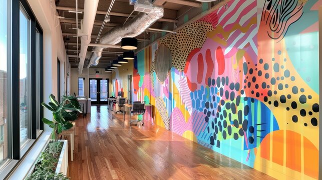 Vibrant office space with bold mural art a creative work environment enhancing productivity and inspiration