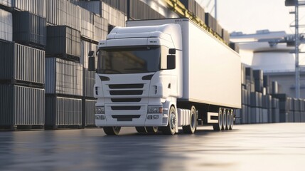 A modern freight truck navigating through a warehouse filled with shipping containers, showcasing efficiency in logistics.