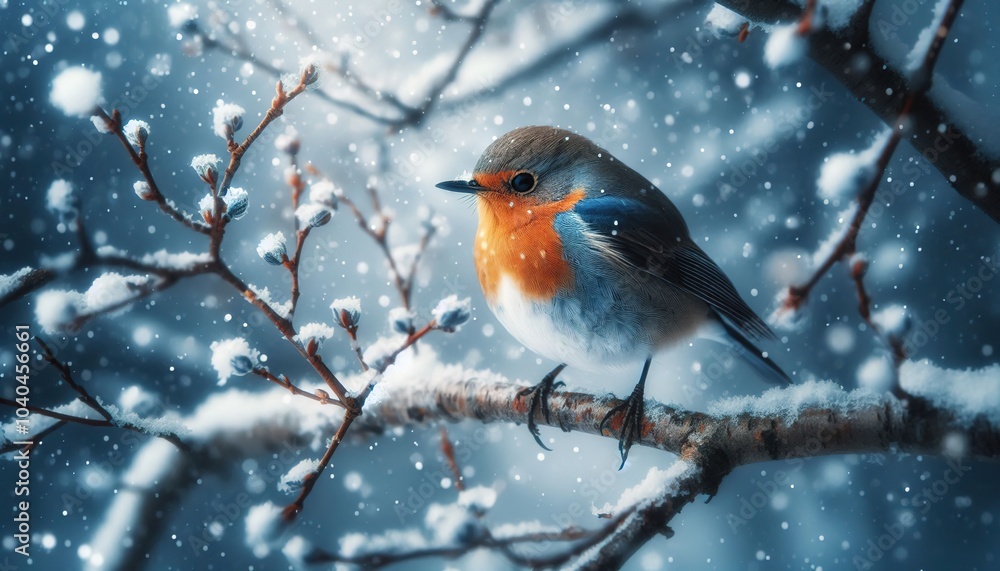 Poster a small bird in the forest on a snowy tree branch during a snowfall