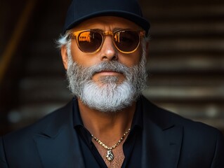 Fototapeta premium A man with a white beard wearing a black hat and sunglasses