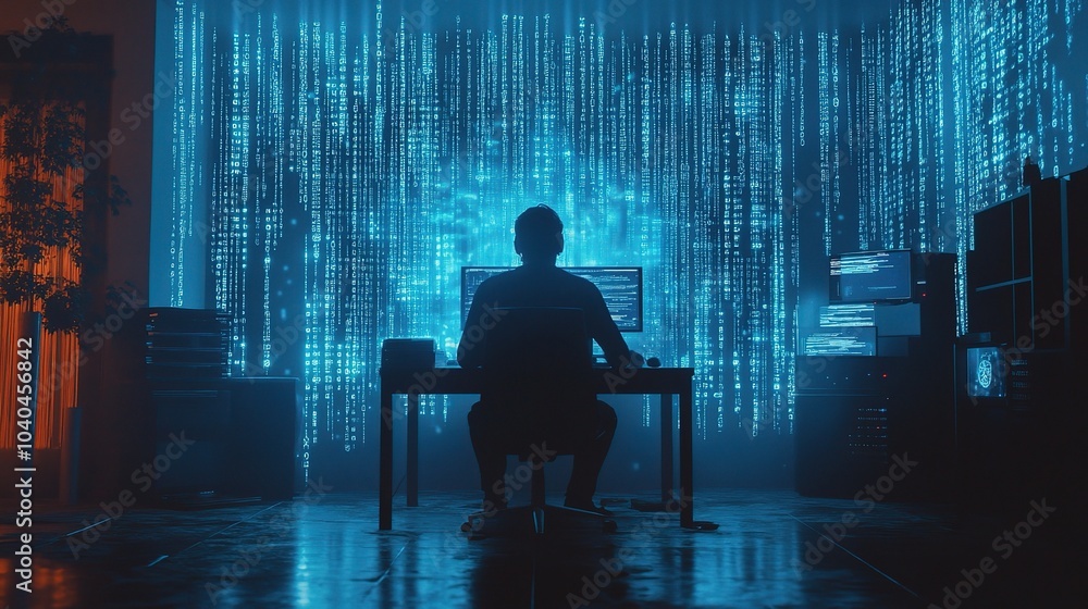 Poster hacker in dimly lit room with digital background