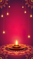 Diwali celebration background with a traditional Indian diya oil lamp and vibrant flowers with space text by Ai