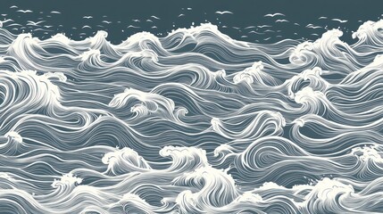Obraz premium Intricate White Line Drawing of Ocean Waves Against a Dark Blue Background with Birds in Flight