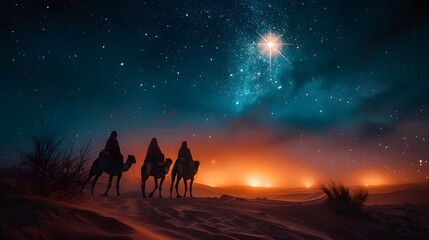 Desert wind blowing through the dunes as three astrologers ride camels toward the brightest star in the night sky, the wind kicking up sand, their robes flowing,