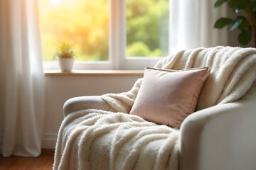 Fototapeta premium Cozy armchair with soft blanket and cushion in warm sunlight by window with copy space
