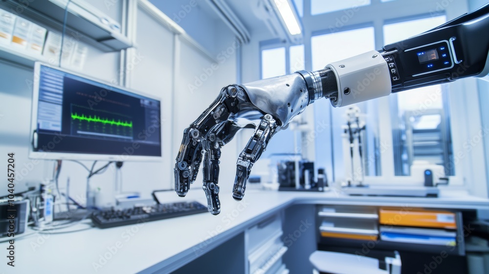 Poster robotic prosthetic limb testing laboratory, medical research facility with advanced robotic limbs an