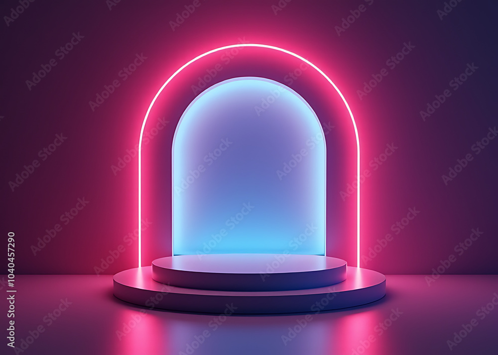 Poster a neon podium stage for advertising with an arch and glowing lights on a blank product display platf