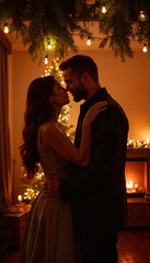 Romantic couple in tender embrace near glowing Christmas tree with soft ambient lighting
