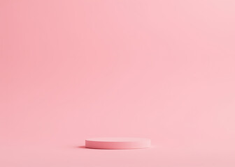 A pink background stands for products on a display stand.