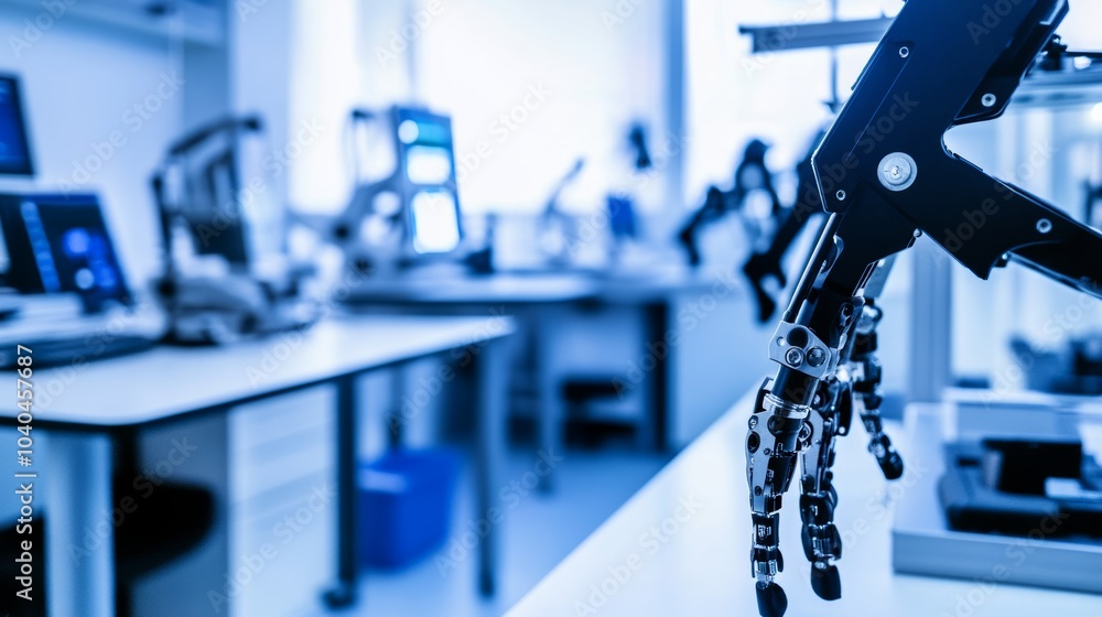 Poster robotic prosthetic limb testing laboratory, medical research facility with advanced robotic limbs an