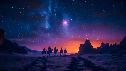 Naklejka premium Silhouettes of astrologers on camels, journeying under a glowing eastern star, the star illuminating the desert sands, the sky filled with stars,