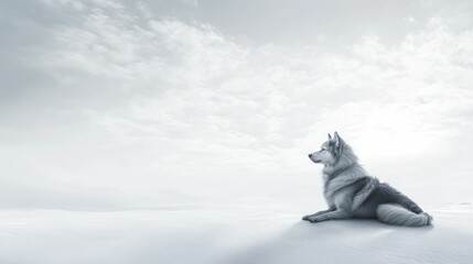 A lone wolf sitting in a snowy landscape under a cloudy sky.