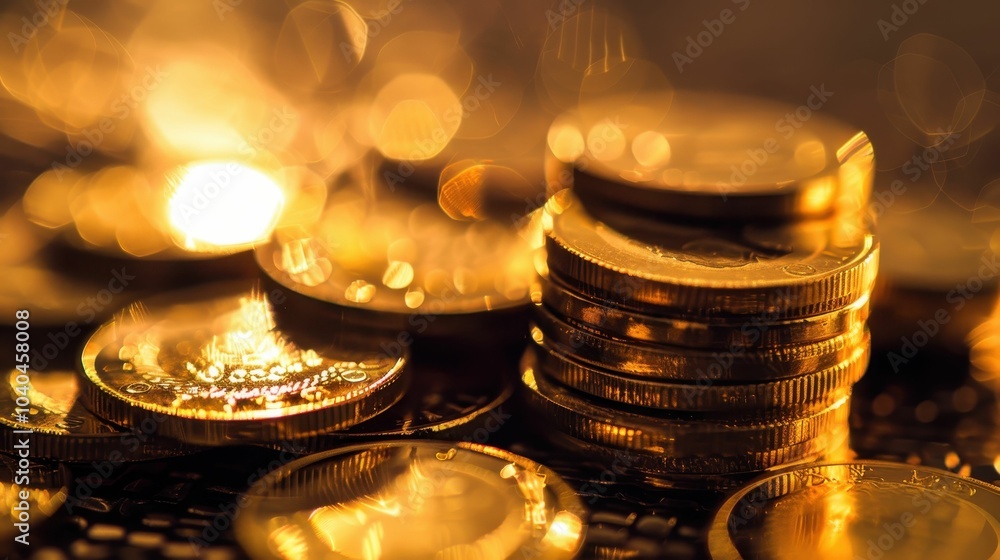 Poster the gleaming treasure a close-up view of stacked gold coins illuminated by soft light symbolizing we