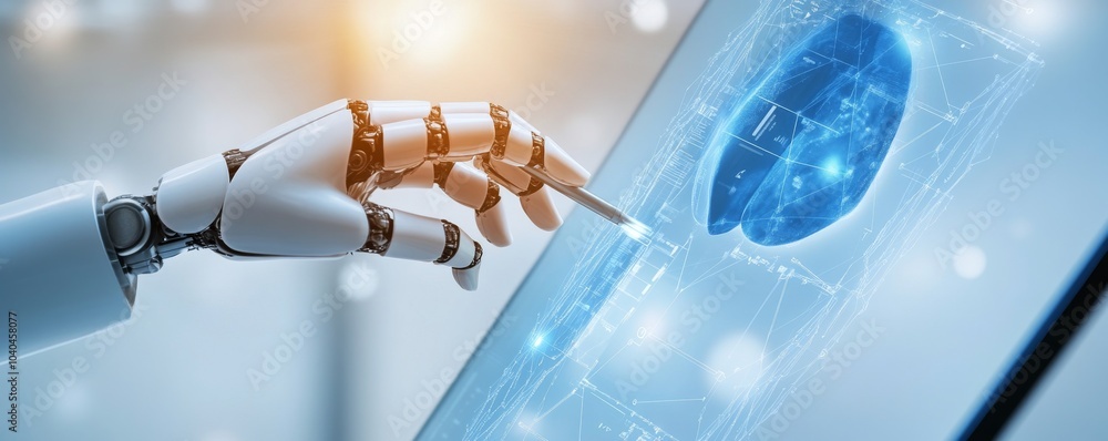 Poster a robotic hand interacts with a digital interface, showcasing advanced technology and innovation in 