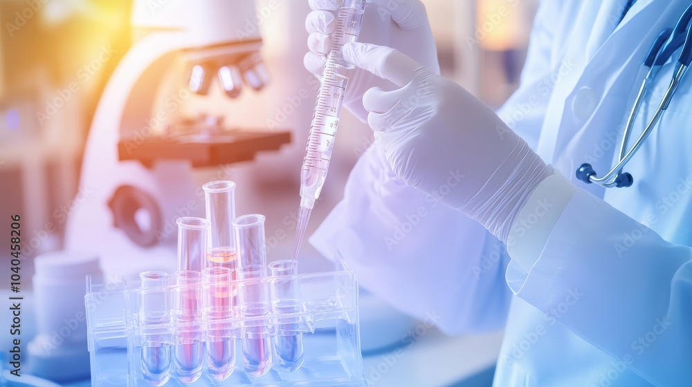 Poster a scientist conducts an experiment in a laboratory using test tubes and a pipette, showcasing modern