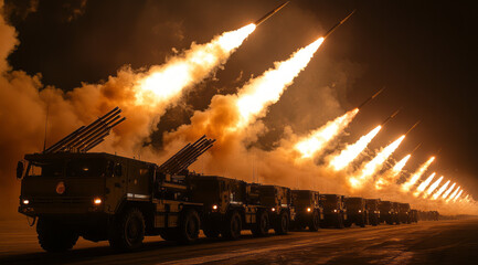 Obraz premium A military parade with multiple rocket launchers firing in unison