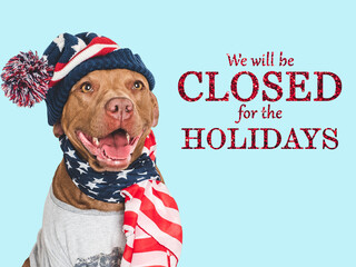Signboard with the inscription We will be closed for the Holidays. Cute brown dog and text for the...