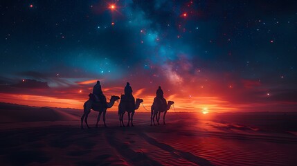 Fototapeta premium Silhouettes of three astrologers riding camels, the eastern star glowing intensely in the night sky, the soft light reflecting off the desert sands, the camels casting long shadows,
