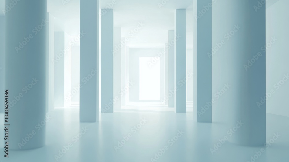Poster a serene interior space with white columns and soft lighting, creating a calm and minimalistic atmos