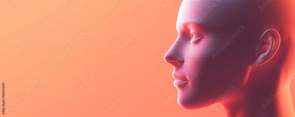 Poster a serene profile of a mannequin head with soft lighting, creating an ethereal and futuristic atmosph