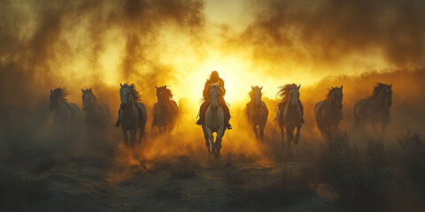 Fototapeta premium horses running together towards you