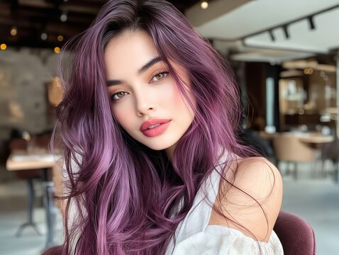 A woman with long purple hair sitting in a chair