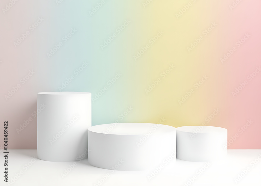 Poster A white empty 3D podium sits on a colorful background with pastel hues for presenting products visually.