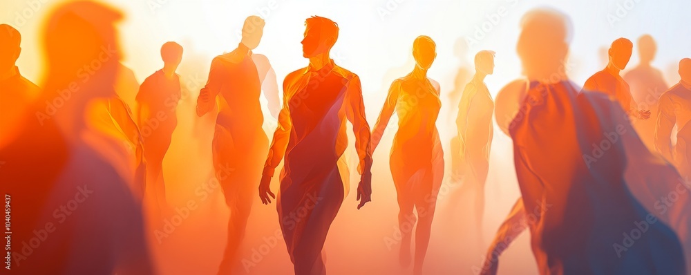 Poster a serene scene of silhouettes walking through an ethereal haze, symbolizing movement and unity in a 