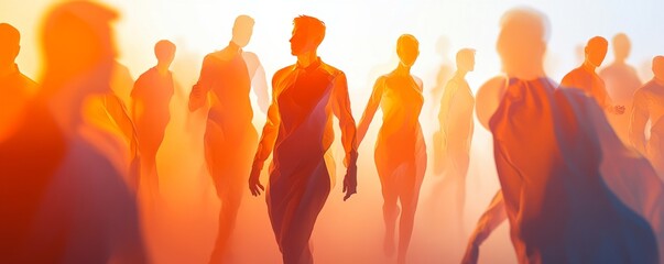 A serene scene of silhouettes walking through an ethereal haze, symbolizing movement and unity in a vibrant, colorful setting.