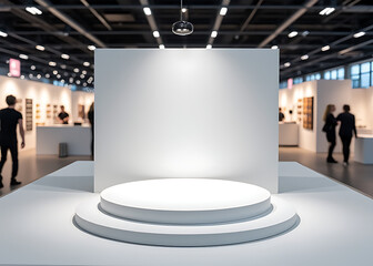 A white podium stands at an exhibition with product display advertising stand.