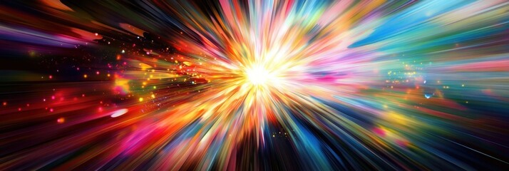 Fototapeta premium Cosmic explosion, vibrant burst of energy, multicolored light rays, abstract space art, galactic core, celestial phenomenon, radiant starburst, kaleidoscopic nebula, psychedelic cosmos, interstellar l
