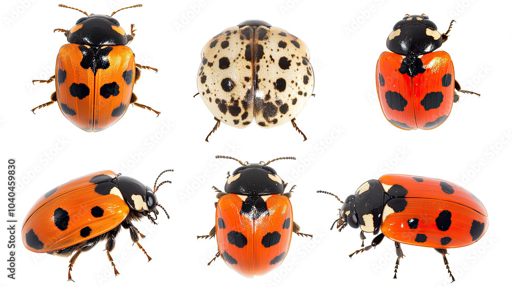 Poster various ladybugs displayed on a white background generative ai