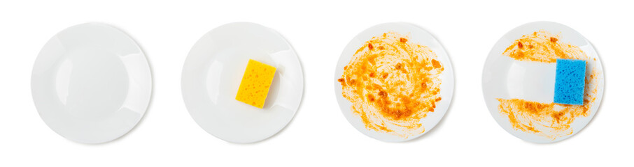 Washing dirty plate with sponge isolated on white background. Concept of washing dishes. Clean plate.Cleaning sponge to clean up and washing food stains and dirt on dish after eating meal.