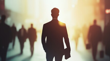 A silhouette of a businessman walking through a busy city street, illuminated by soft sunlight, conveying ambition and determination.